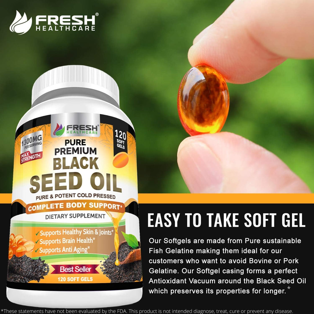 Fresh Healthcare Cold-Pressed Black Seed Oil Capsules 1300 mg – 120 Softgels for Immune, Joint, Skin & Hair Support